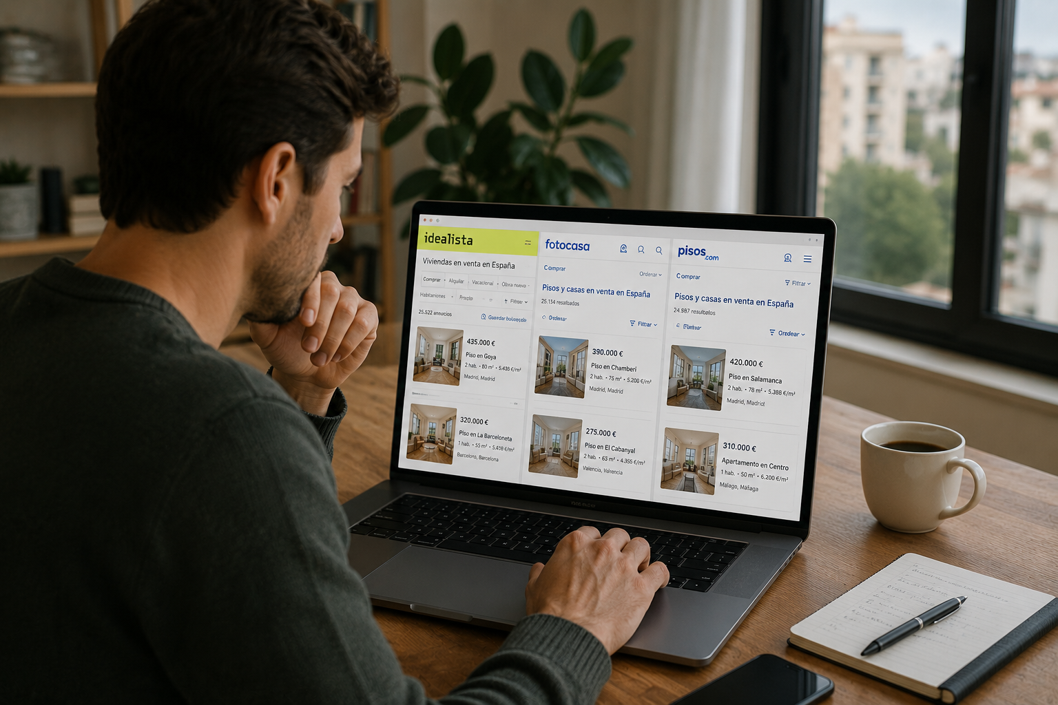 Comprador mirando portales inmobiliarios como Idealista, Fotocasa y Pisos.com