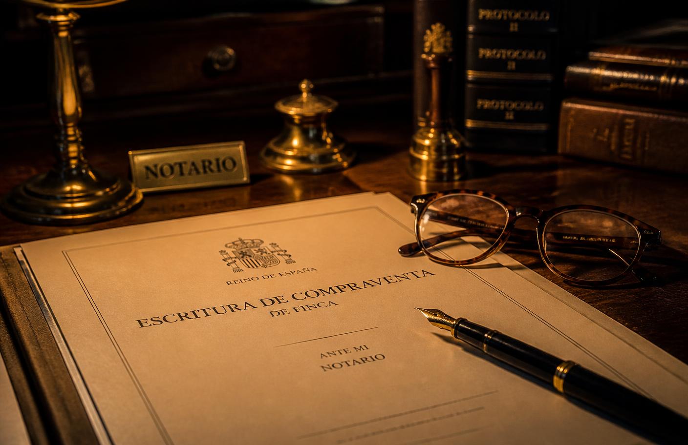 Documentos de compraventa sobre el escritorio de una notaría en España